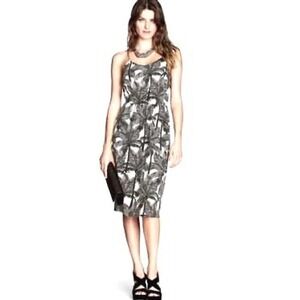 H&M Black White Sexy Palm Tree Print Midi Dress Spaghetti Strap Size 4 Slinky
